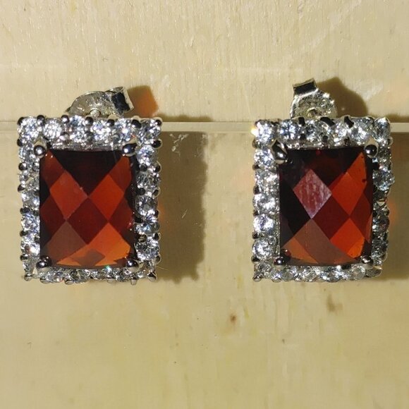 Garnet Earrings Sterling Silver 925 Vintage Square Red Bold Elegant Gemstones - Picture 9 of 9